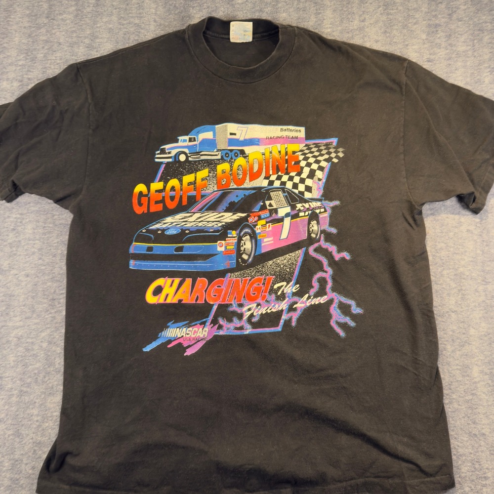 Vintage Geoff Bodine NASCAR Racing T-Shirt Hanes Beefy-T Black XL Ford #7